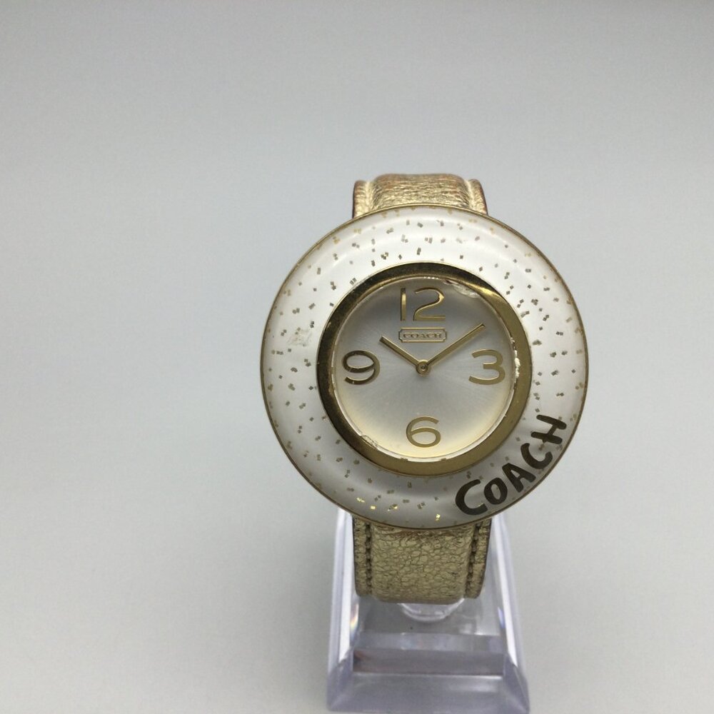 Vintage Coach Watch Women 45mm Gold Tone Glitter Bezel Leather Band New Battery - Picture 2 of 15